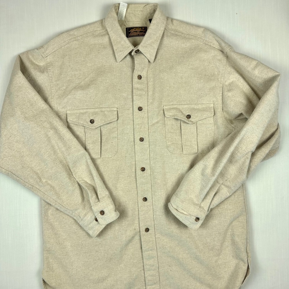 Eddie Bauer Mens Large Tall Flannel Shirt Oatmeal Beige Cotton Button Down L T